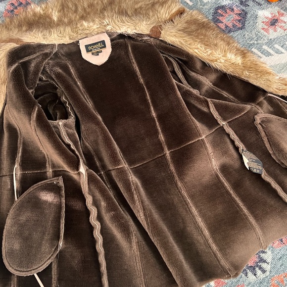 Vintage 1990s Novelti Faux Fur Suede Tan Penny Lane Coat w/ Pom Pom Ties L - Picture 4 of 6